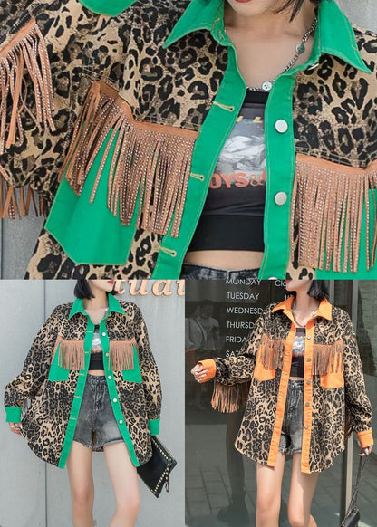 Yellow Tasseled Leopard Patchwork Denim Coat Spring