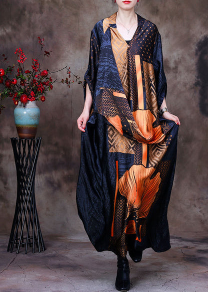 Yellow V Neck Asymmetrical Patchwork Silk Long Dress Half Sleeve