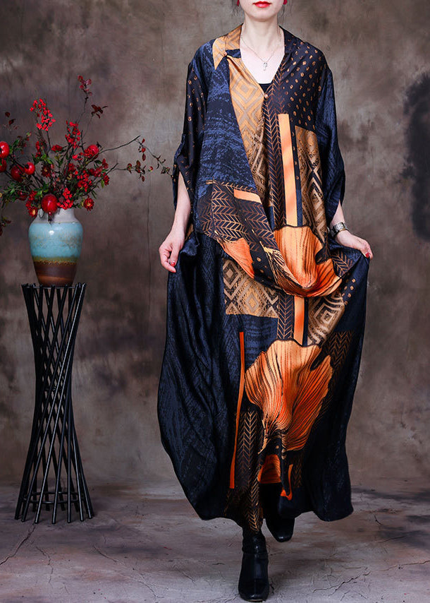 Yellow V Neck Asymmetrical Patchwork Silk Long Dress Half Sleeve