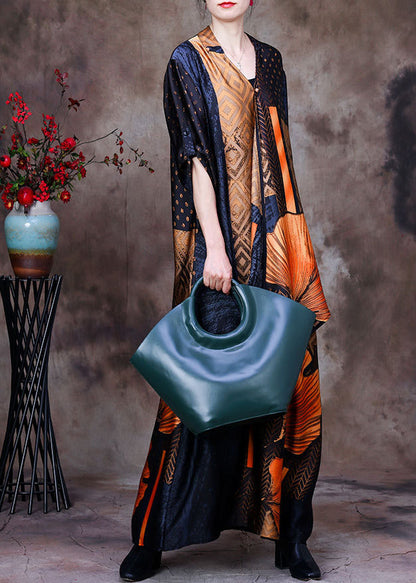Yellow V Neck Asymmetrical Patchwork Silk Long Dress Half Sleeve