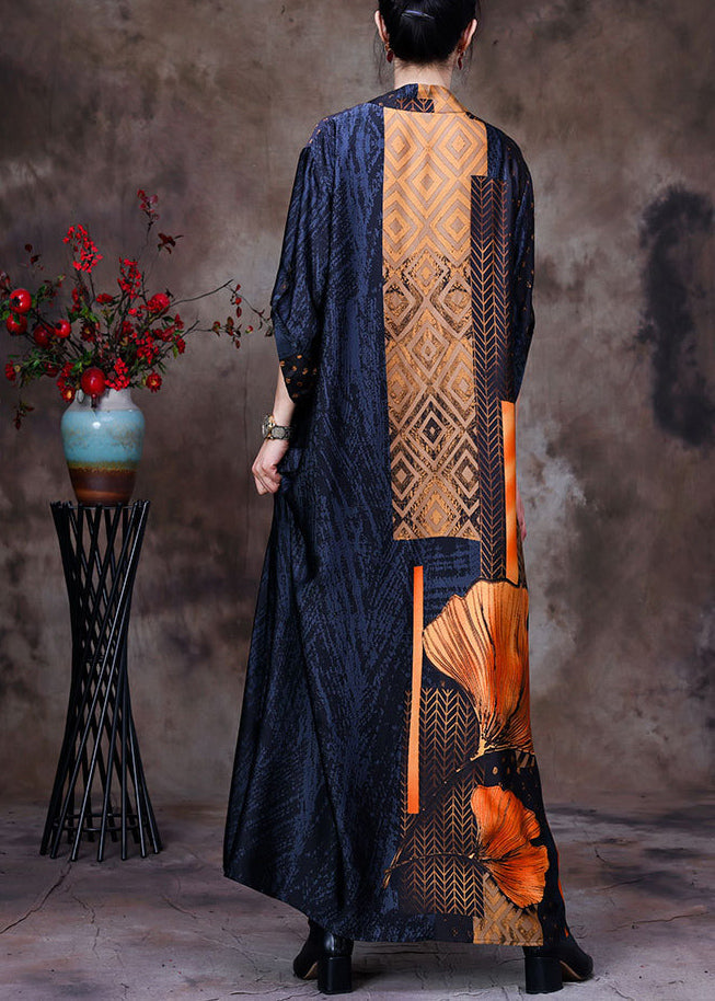 Yellow V Neck Asymmetrical Patchwork Silk Long Dress Half Sleeve