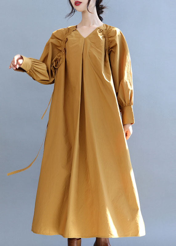 Yellow V Neck Cinched Cotton Long Dress Fall