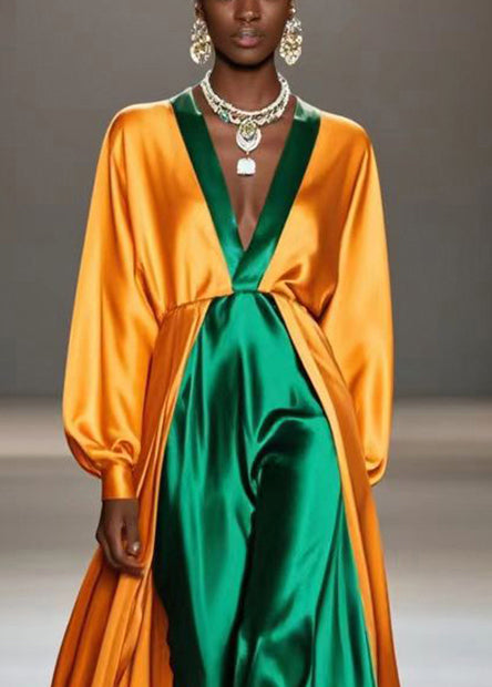 Yellow V Neck Patchwork Silk Fake Two Piece Long Dress Spring