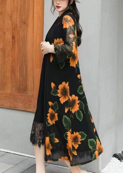 Yellow V Neck Print Chiffon Long Sunscreen Cardigans Long Sleeve