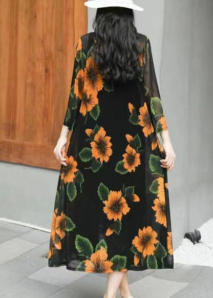 Yellow V Neck Print Chiffon Long Sunscreen Cardigans Long Sleeve