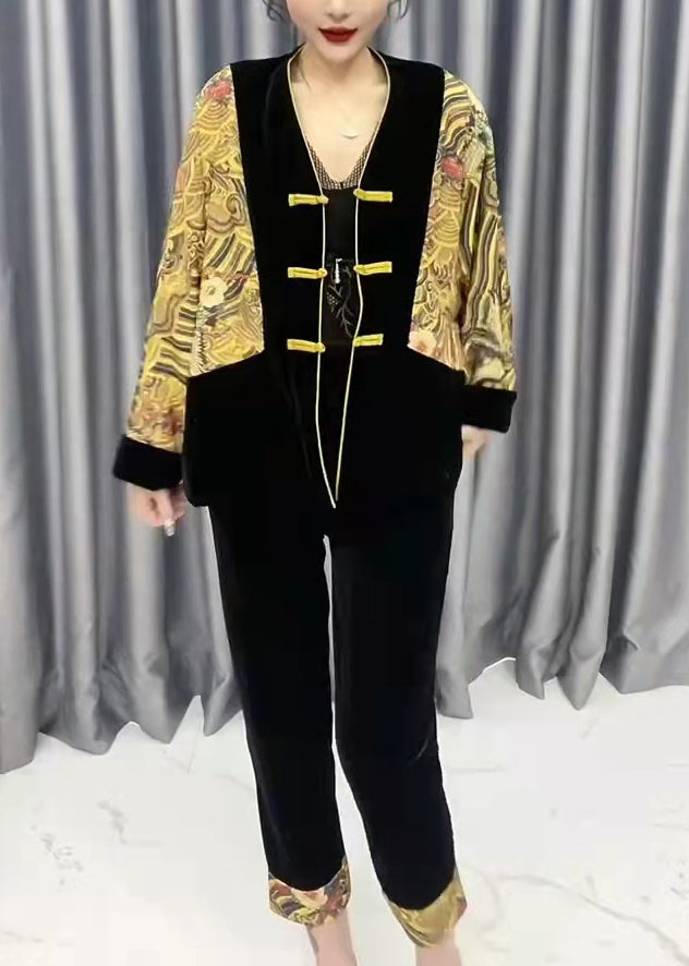 Yellow V Neck Print Patchwork Silk Velour Coats and Crop Pants Two Pieces Set Fall