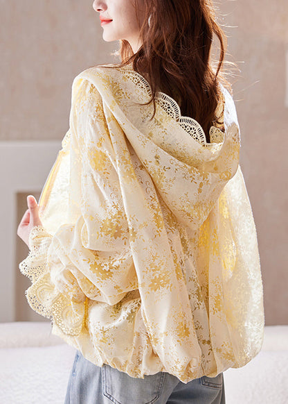 Yellow Zip Up Lace Hoodie Coat Batwing Sleeve