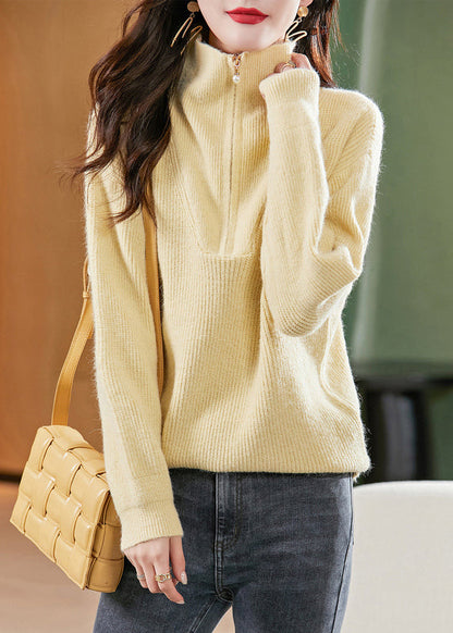 Yellow Zip Up Patchwork Warm Woolen Sweater Tops Fall