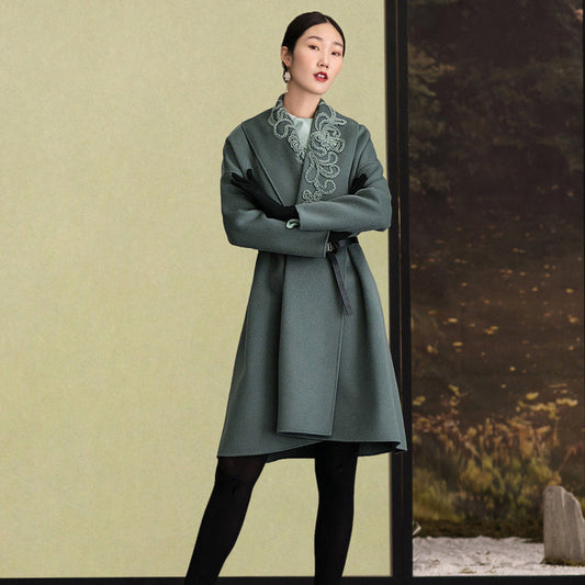 Army Green Woolen Coats Embroidery Winter Coat Long Sleeve Woolen Outwear