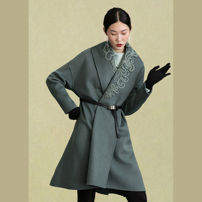 Army Green Woolen Coats Embroidery Winter Coat Long Sleeve Woolen Outwear