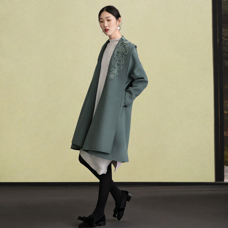 Army Green Woolen Coats Embroidery Winter Coat Long Sleeve Woolen Outwear