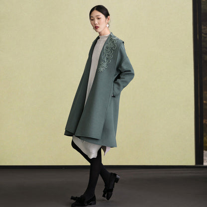 Army Green Woolen Coats Embroidery Winter Coat Long Sleeve Woolen Outwear