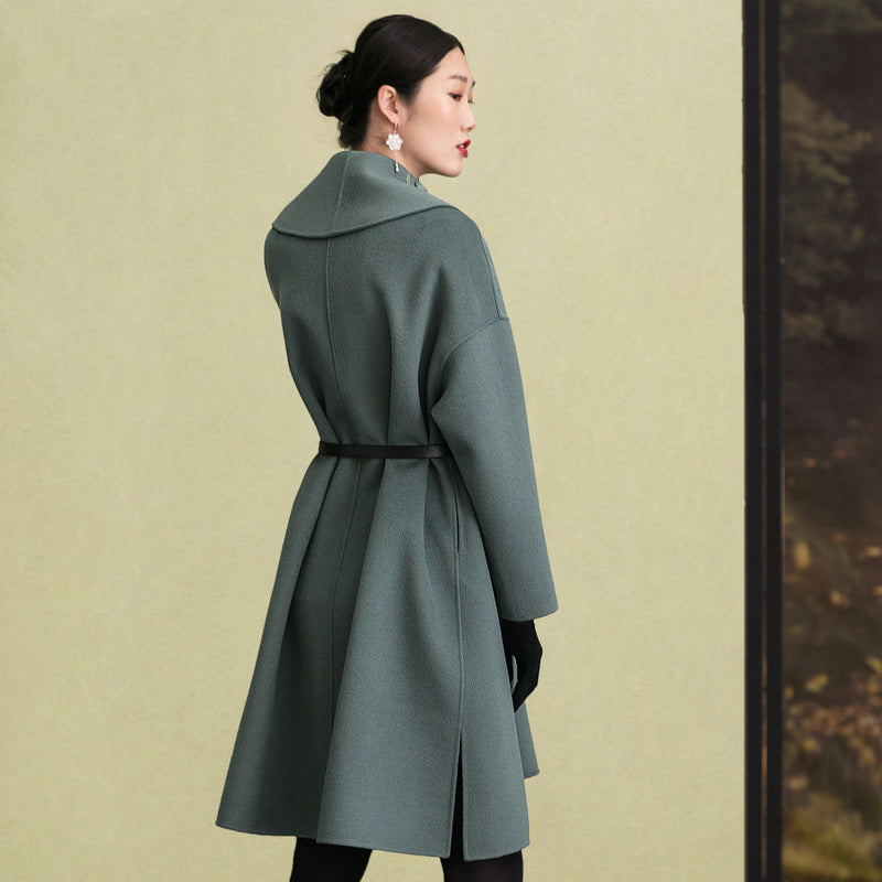 Army Green Woolen Coats Embroidery Winter Coat Long Sleeve Woolen Outwear