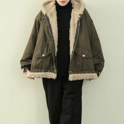 Army Green Clothes Hooded Zippered Knitwear Fuzzy Wool Coat