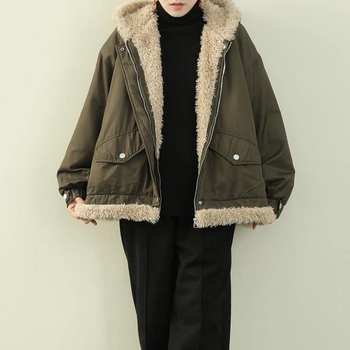 Army Green Clothes Hooded Zippered Knitwear Fuzzy Wool Coat