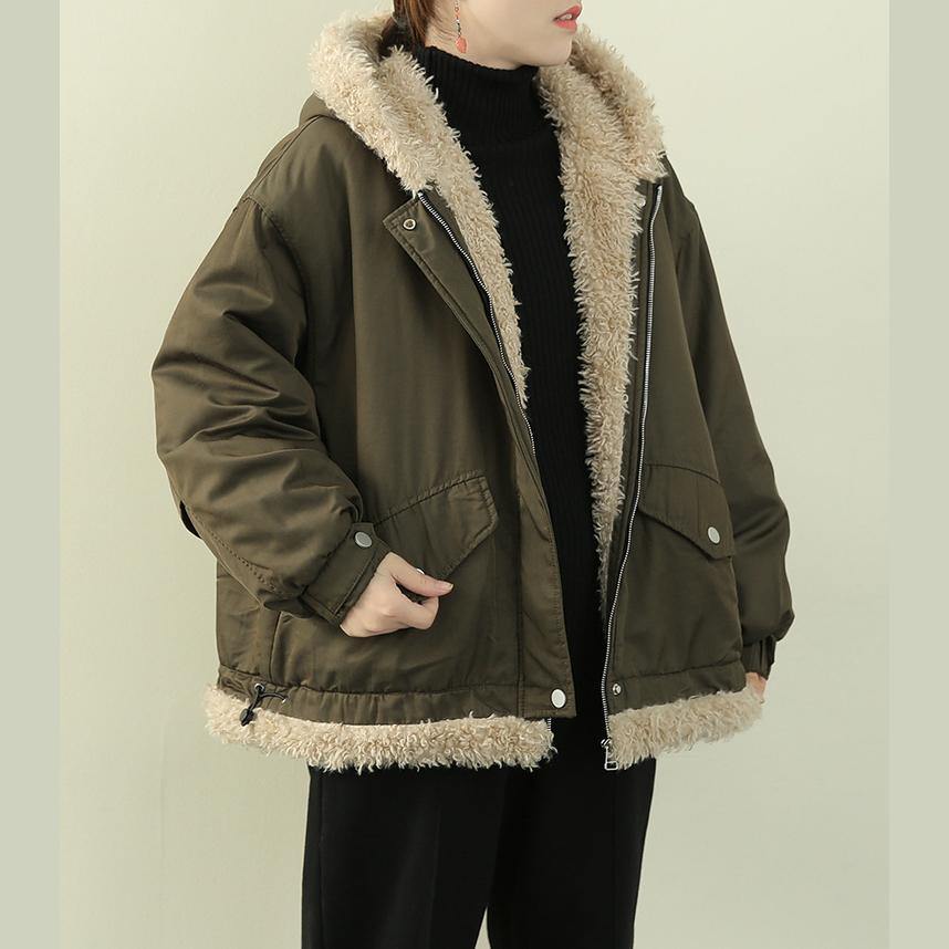 Army Green Clothes Hooded Zippered Knitwear Fuzzy Wool Coat