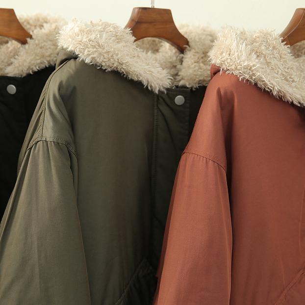 Army Green Clothes Hooded Zippered Knitwear Fuzzy Wool Coat
