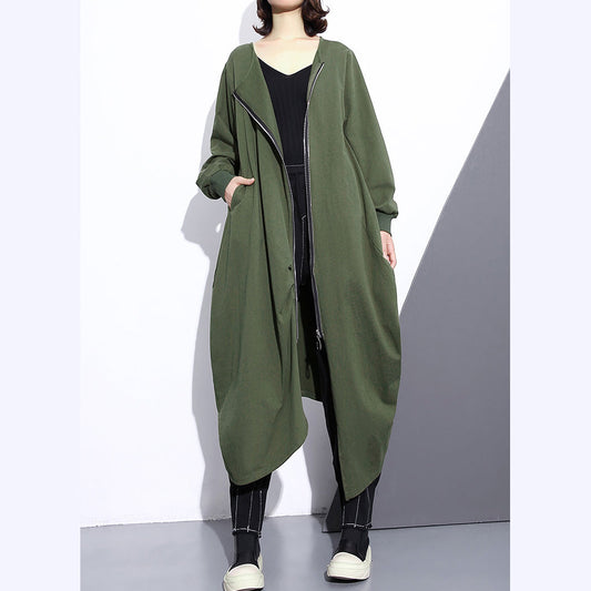 Army Green Long Coat Oversize O Neck Asymmetrical Design Outwear Zippered Coats