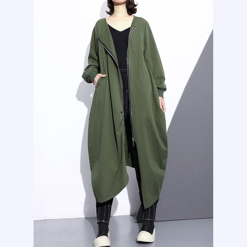 Army Green Long Coat Oversize O Neck Asymmetrical Design Outwear Zippered Coats