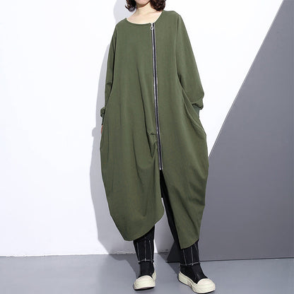 Army Green Long Coat Oversize O Neck Asymmetrical Design Outwear Zippered Coats