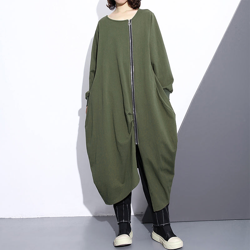 Army Green Long Coat Oversize O Neck Asymmetrical Design Outwear Zippered Coats