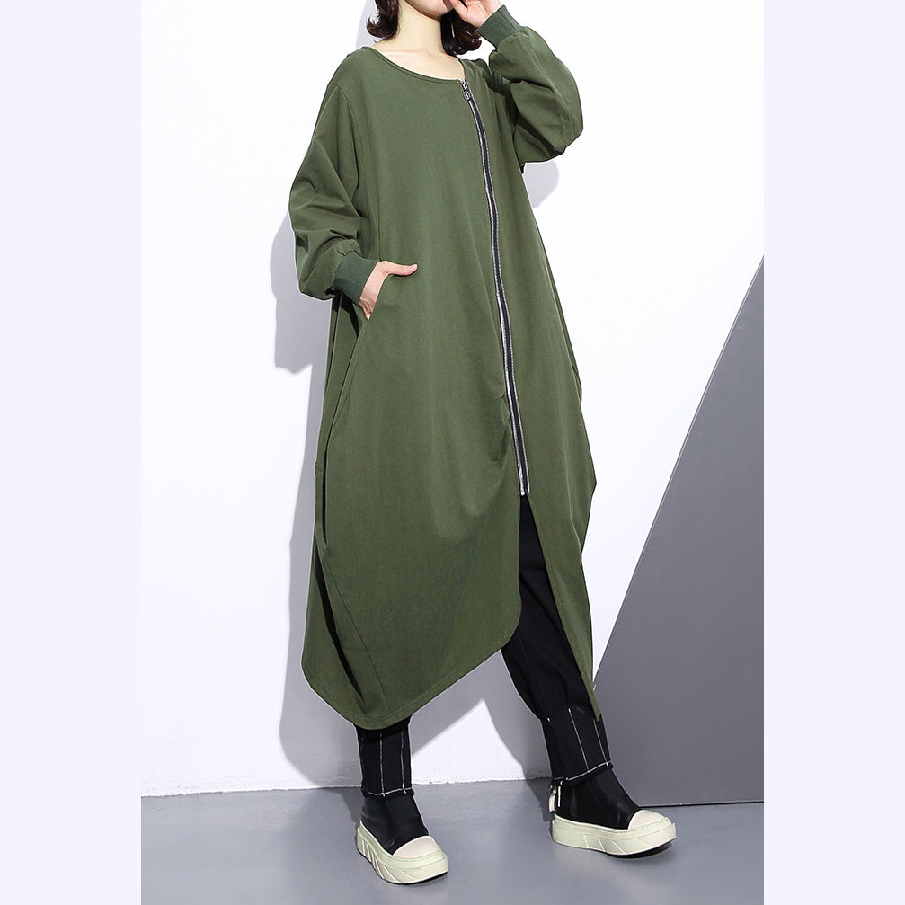 Army Green Long Coat Oversize O Neck Asymmetrical Design Outwear Zippered Coats