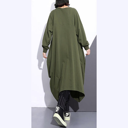 Army Green Long Coat Oversize O Neck Asymmetrical Design Outwear Zippered Coats