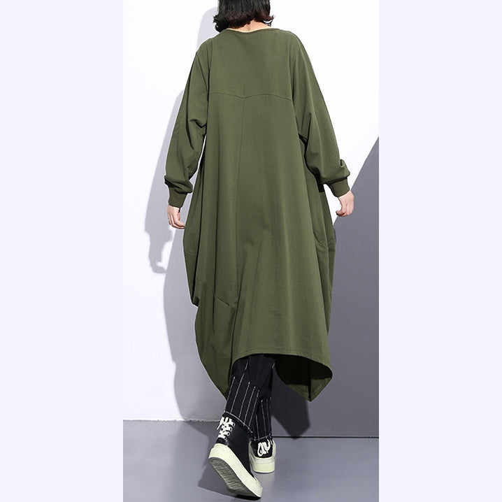 Army Green Long Coat Oversize O Neck Asymmetrical Design Outwear Zippered Coats