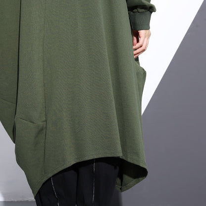 Army Green Long Coat Oversize O Neck Asymmetrical Design Outwear Zippered Coats