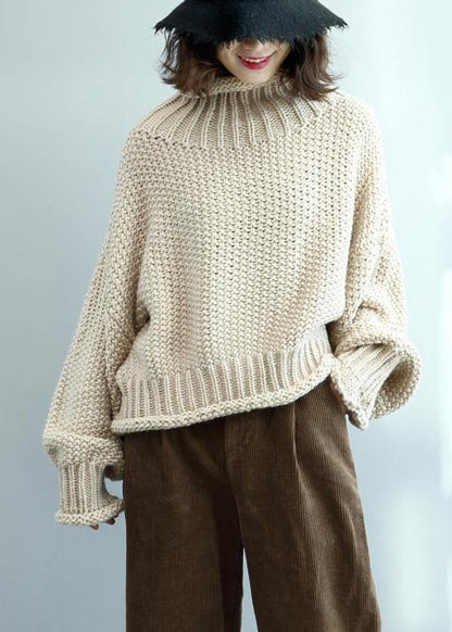 Beige Knit Tops High Neck Lantern Sleeve Knit Tops
