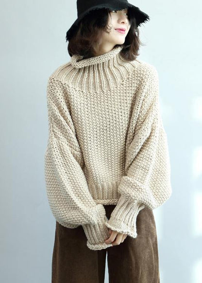 Beige Knit Tops High Neck Lantern Sleeve Knit Tops