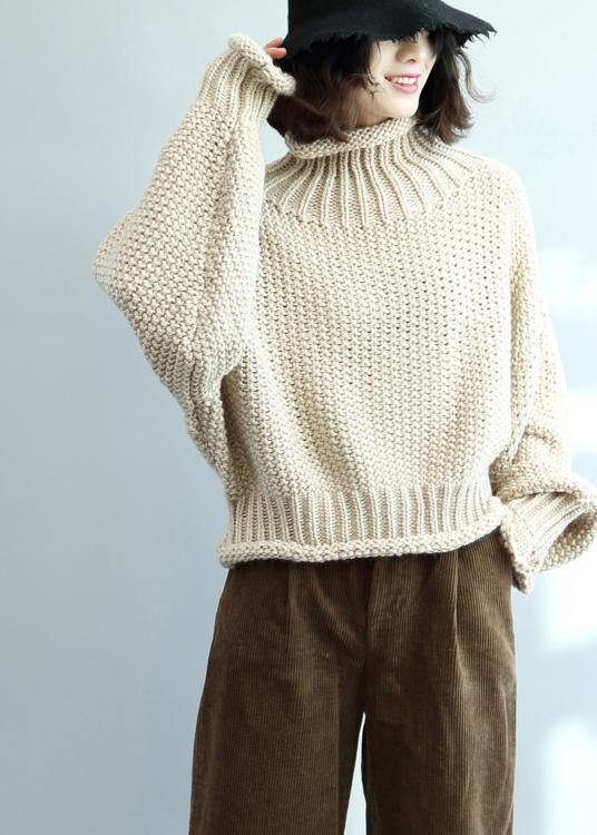 Beige Knit Tops High Neck Lantern Sleeve Knit Tops