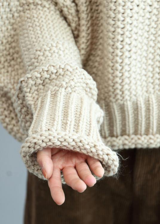 Beige Knit Tops High Neck Lantern Sleeve Knit Tops