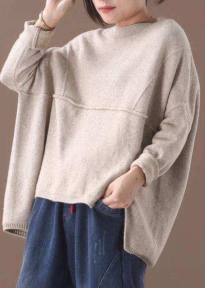 Beige O Neck Knitted Clothes Oversize Batwing Sleeve Knit Sweat Tops Asymmetric Hem