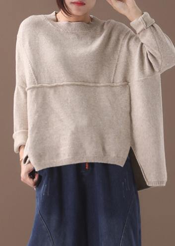 Beige O Neck Knitted Clothes Oversize Batwing Sleeve Knit Sweat Tops Asymmetric Hem