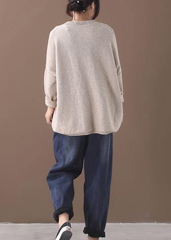 Beige O Neck Knitted Clothes Oversize Batwing Sleeve Knit Sweat Tops Asymmetric Hem