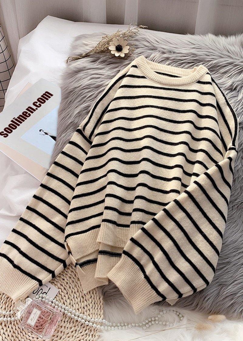 Beige Striped Sweaters O Neck Low High Design Sweater Blouse