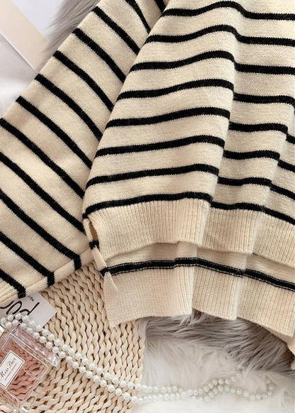 Beige Striped Sweaters O Neck Low High Design Sweater Blouse
