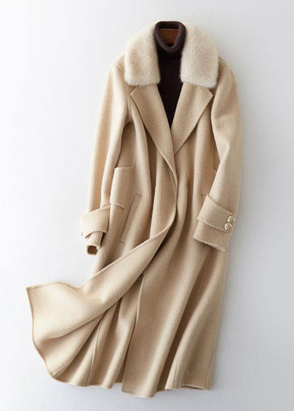 Beige Woolen Outwear Oversized Long Coats Fur Collar Woolen Outwear Notched