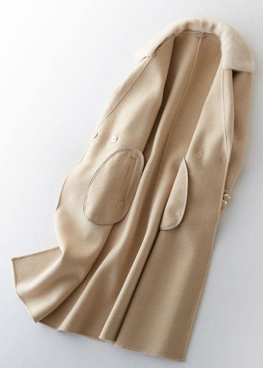 Beige Woolen Outwear Oversized Long Coats Fur Collar Woolen Outwear Notched
