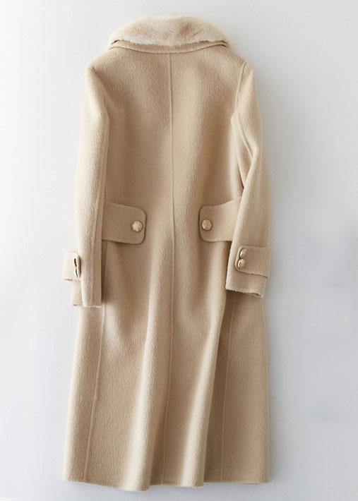 Beige Woolen Outwear Oversized Long Coats Fur Collar Woolen Outwear Notched