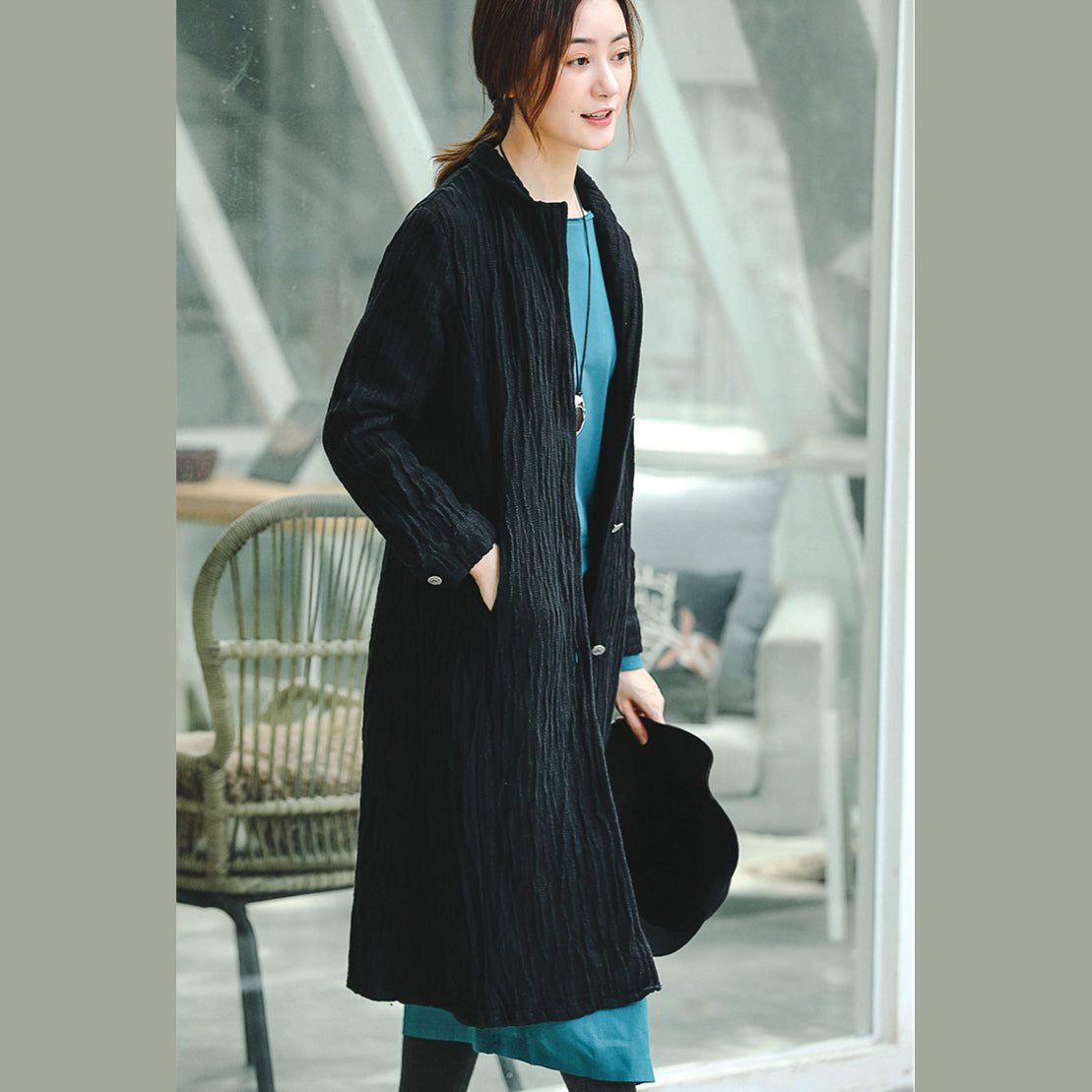 Black Coat Notched Pockets Winter Coat Boutique Long Sleeve Coat