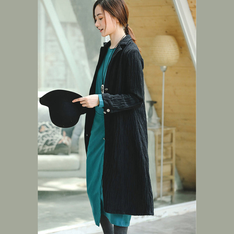 Black Coat Notched Pockets Winter Coat Boutique Long Sleeve Coat