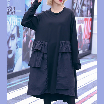 Black Cotton Tunics Outfits Patchwork Daily Dresses