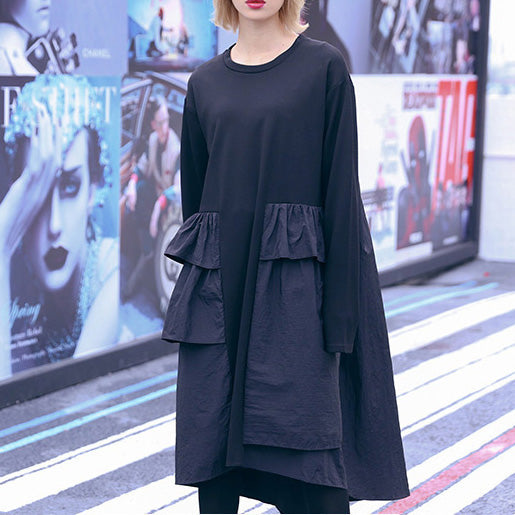 Black Cotton Tunics Outfits Patchwork Daily Dresses