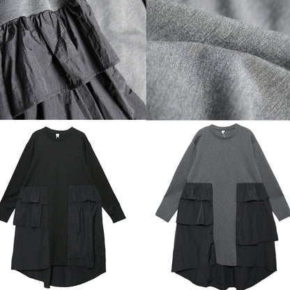 Black Cotton Tunics Outfits Patchwork Daily Dresses