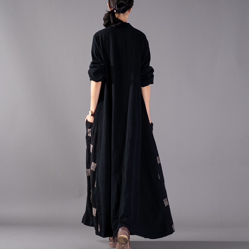 Black Plaid Coats Patchwork Coat Large Hem Coat