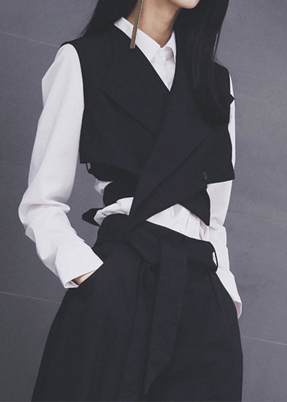 Black V Neck Tie Waist Button Vest Spring