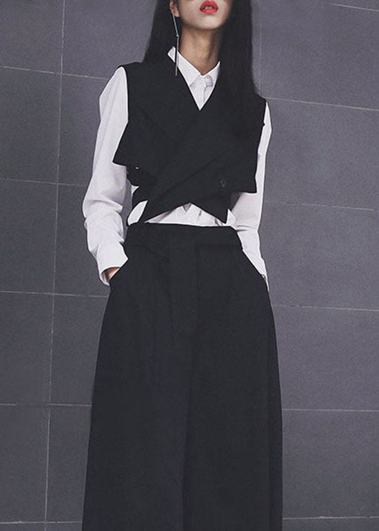 Black V Neck Tie Waist Button Vest Spring