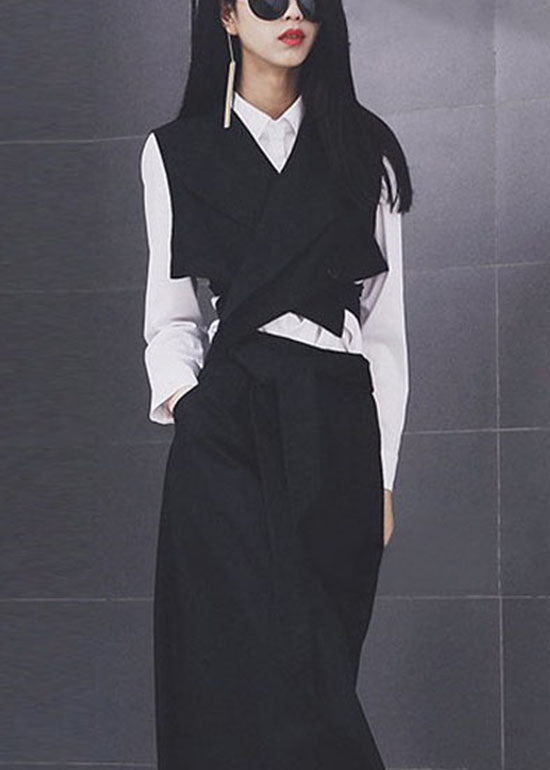 Black V Neck Tie Waist Button Vest Spring